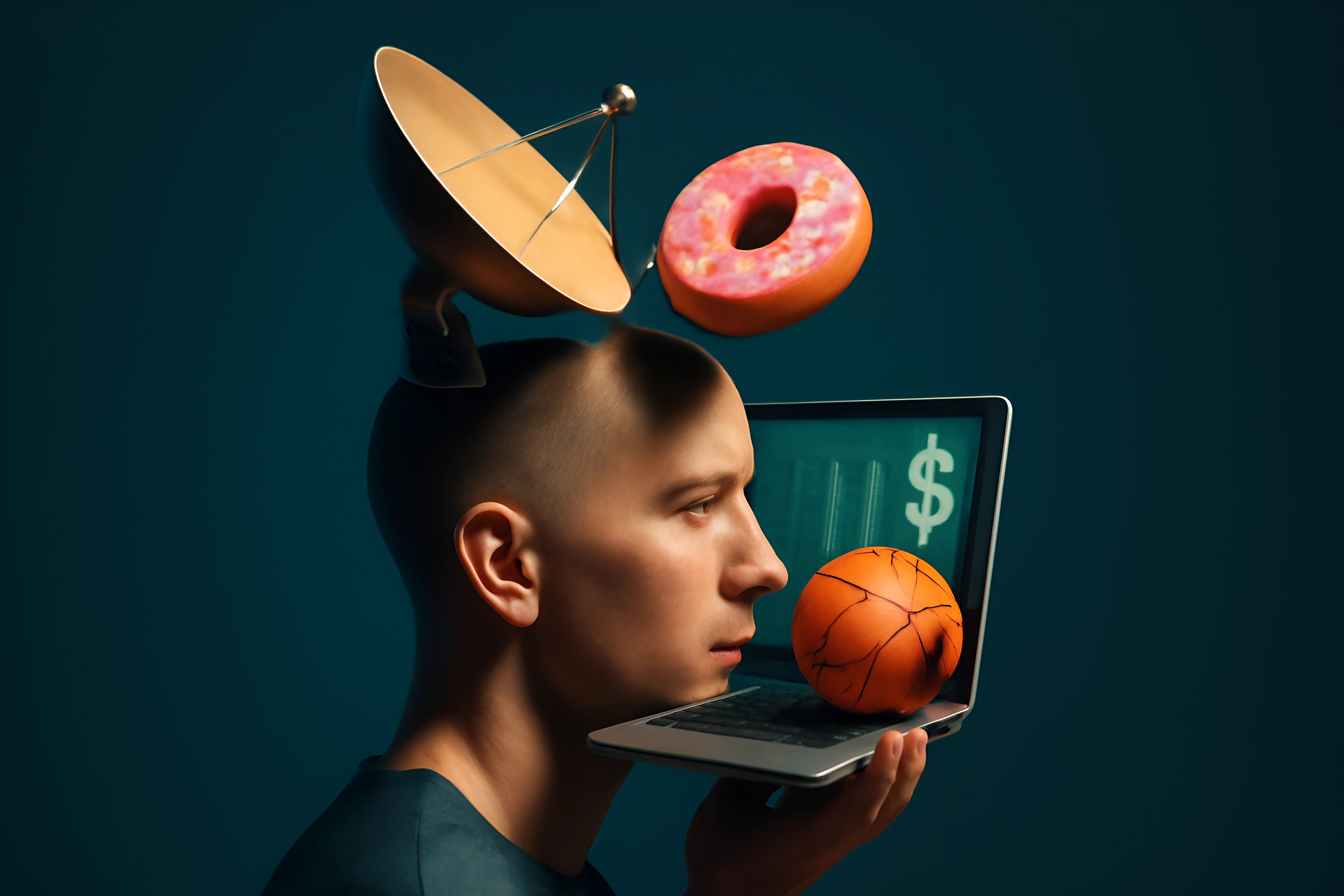 Man with laptop and floating objects