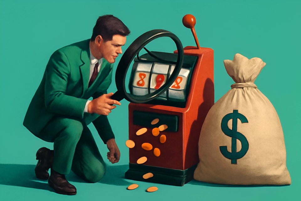 Man with slot machine and money bag