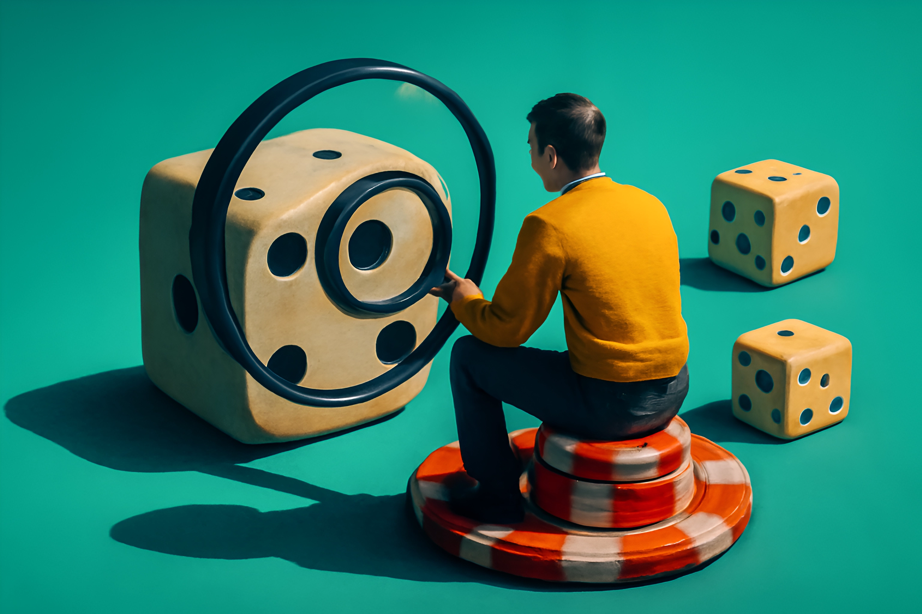 Person with large dice and ring