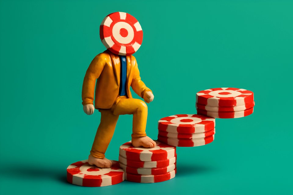 Figurine stepping on poker chips