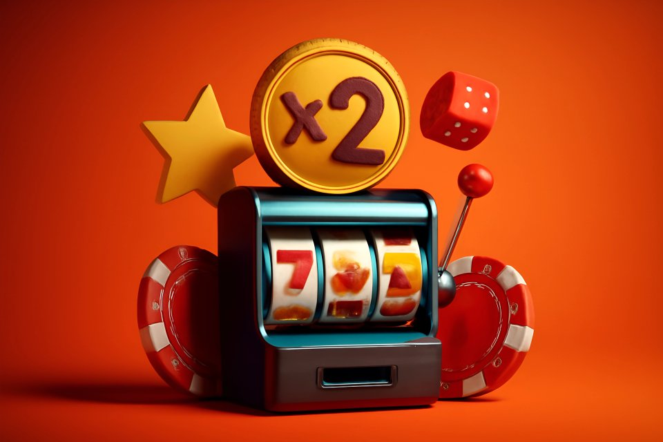 Colorful slot machine and casino chips