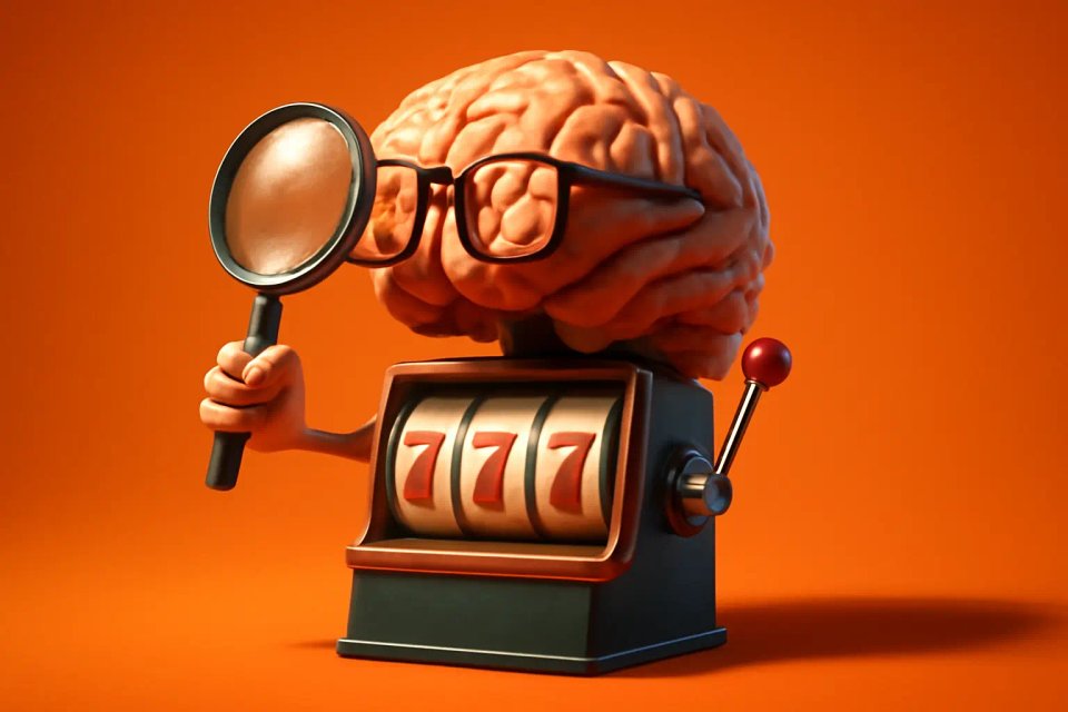 A creative illustration of a brain wearing glasses, holding a magnifying glass, and standing next to a slot machine displaying the number 777, set against an orange background.