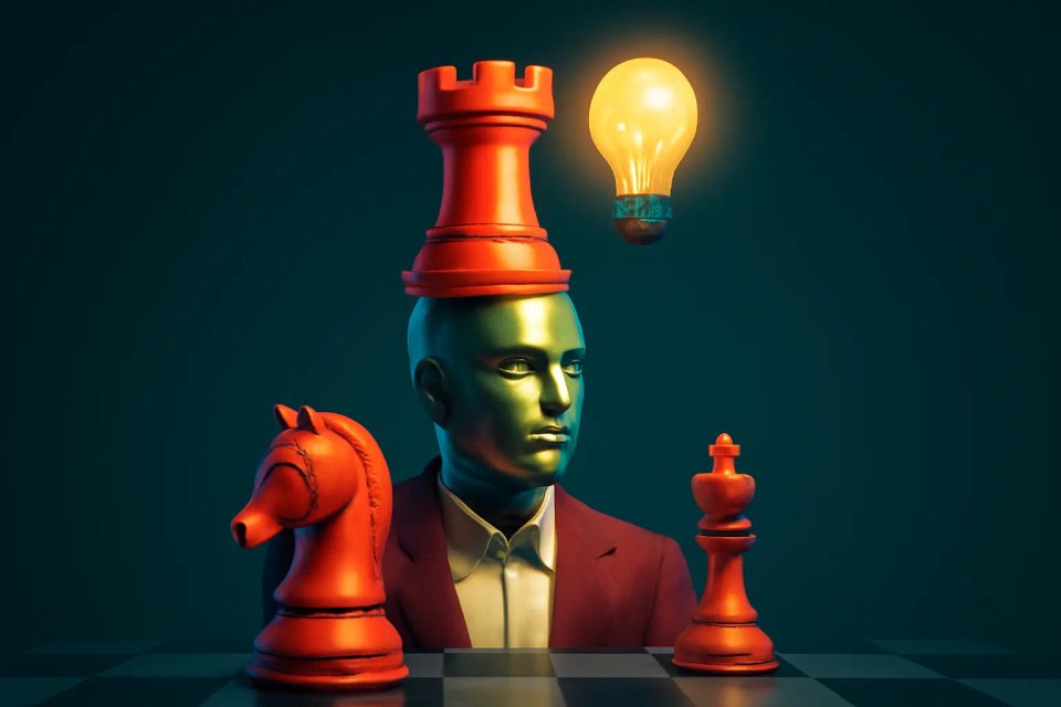 A stylized image of a chess-themed figure with a rook and knight on a chessboard, symbolizing strategic thinking and creativity. A glowing light bulb hovers above the figure's head, representing ideas and inspiration.