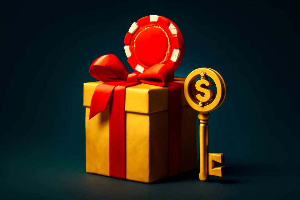 A golden gift box with a red ribbon, accompanied by a casino chip and a golden key, symbolizing luck and opportunity.