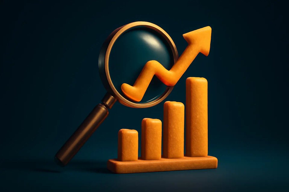 A magnifying glass focusing on an upward trending graph with orange bars, symbolizing growth and analysis in business.