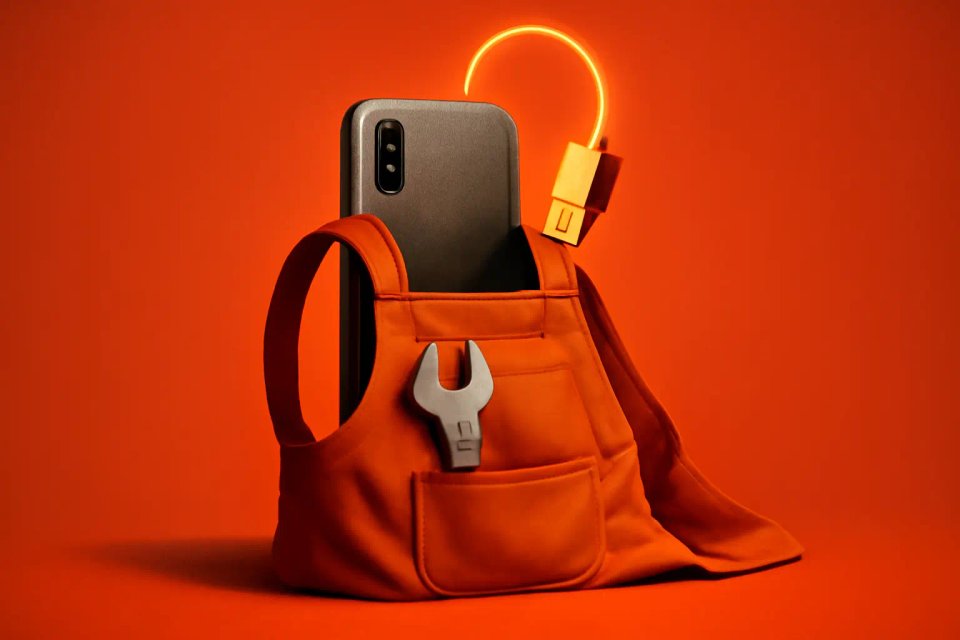 An orange tool bag with a smartphone and a glowing charger cable emerging from it, set against a vibrant orange background.