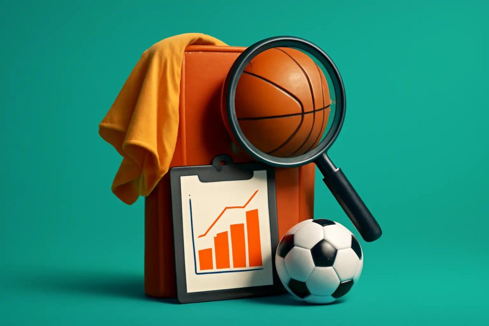 A collection of sports analysis tools featuring a basketball, soccer ball, magnifying glass, a clipboard with a growth chart, and a yellow sports jersey against a teal background.